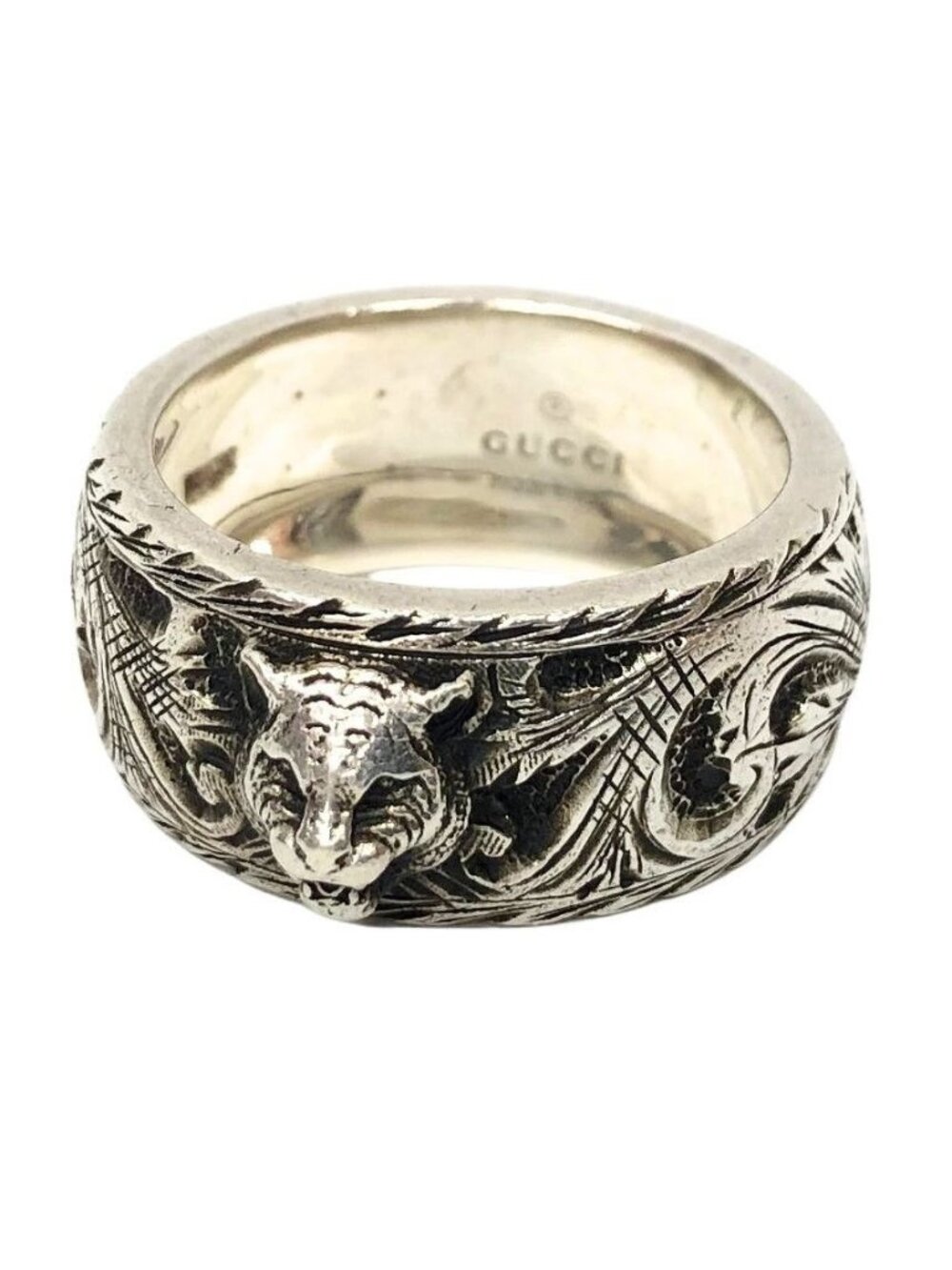 Gucci Cat Head Arabesque Antique Processing Silver Ring